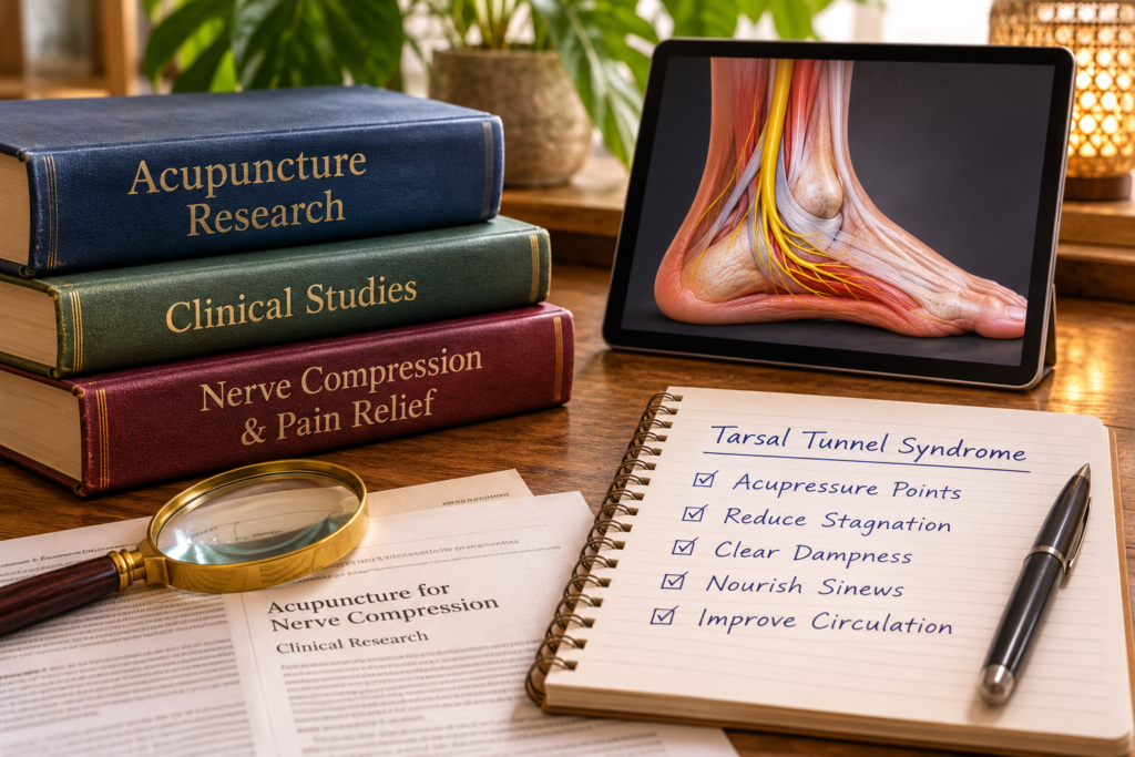 Acupuncture research books, clinical studies, and anatomical foot imagery arranged on a desk beside notes about tarsal tunnel syndrome.