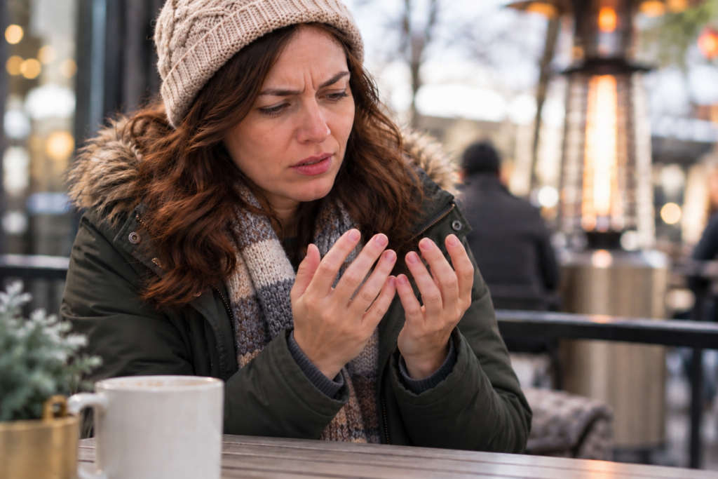 Woman at an outdoor café in cold weather looking at her pale fingers during a Raynaud’s attack.