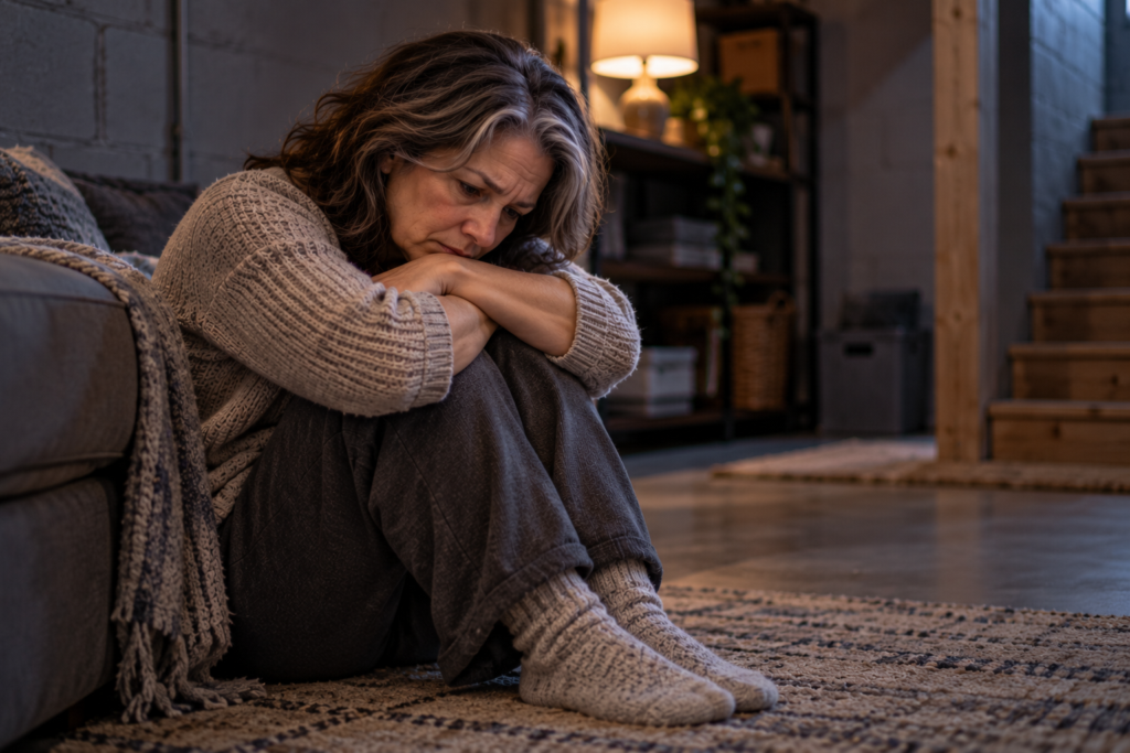 Woman sitting alone on the floor of a dim basement, curled up with her knees drawn close and a heavy expression.