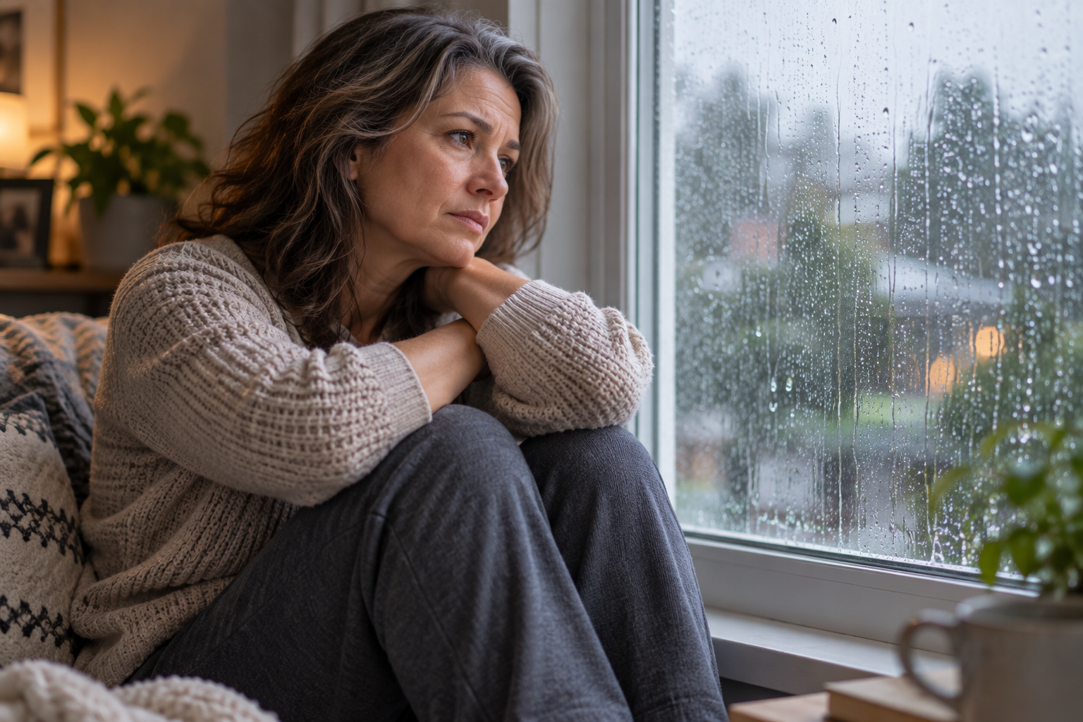 Person sitting alone by a rain-streaked window in soft grey light, knees drawn up, quietly gazing outward.
