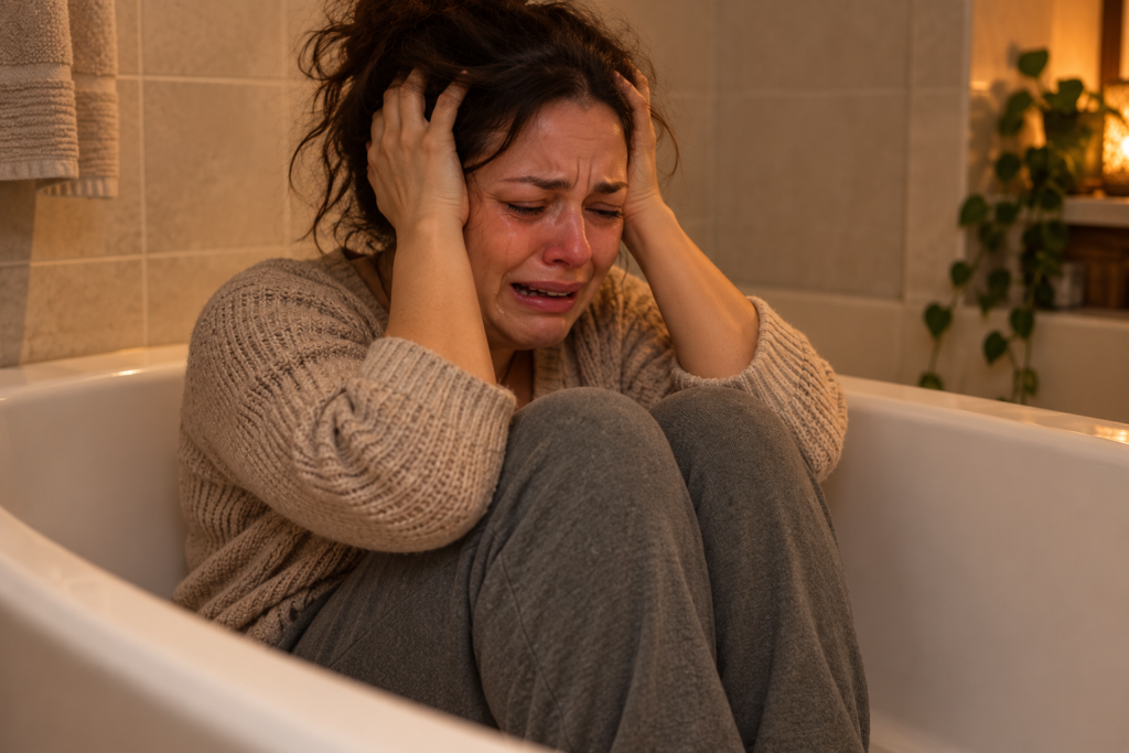Woman curled up in a bathtub, crying with both hands holding her head and her knees drawn to her chest.