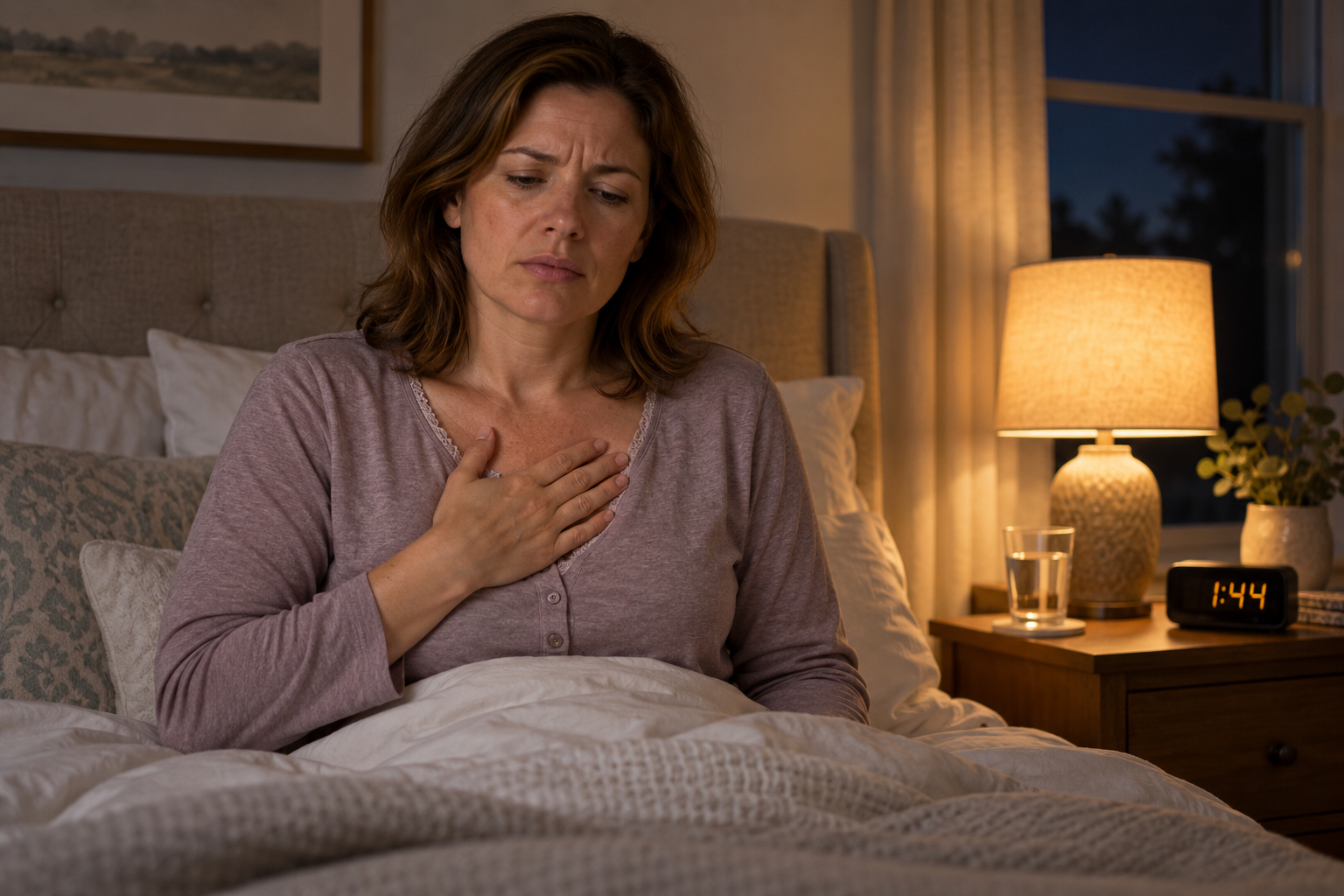 Person sitting up in bed at night with a hand pressed to the center of the chest, uncomfortable.