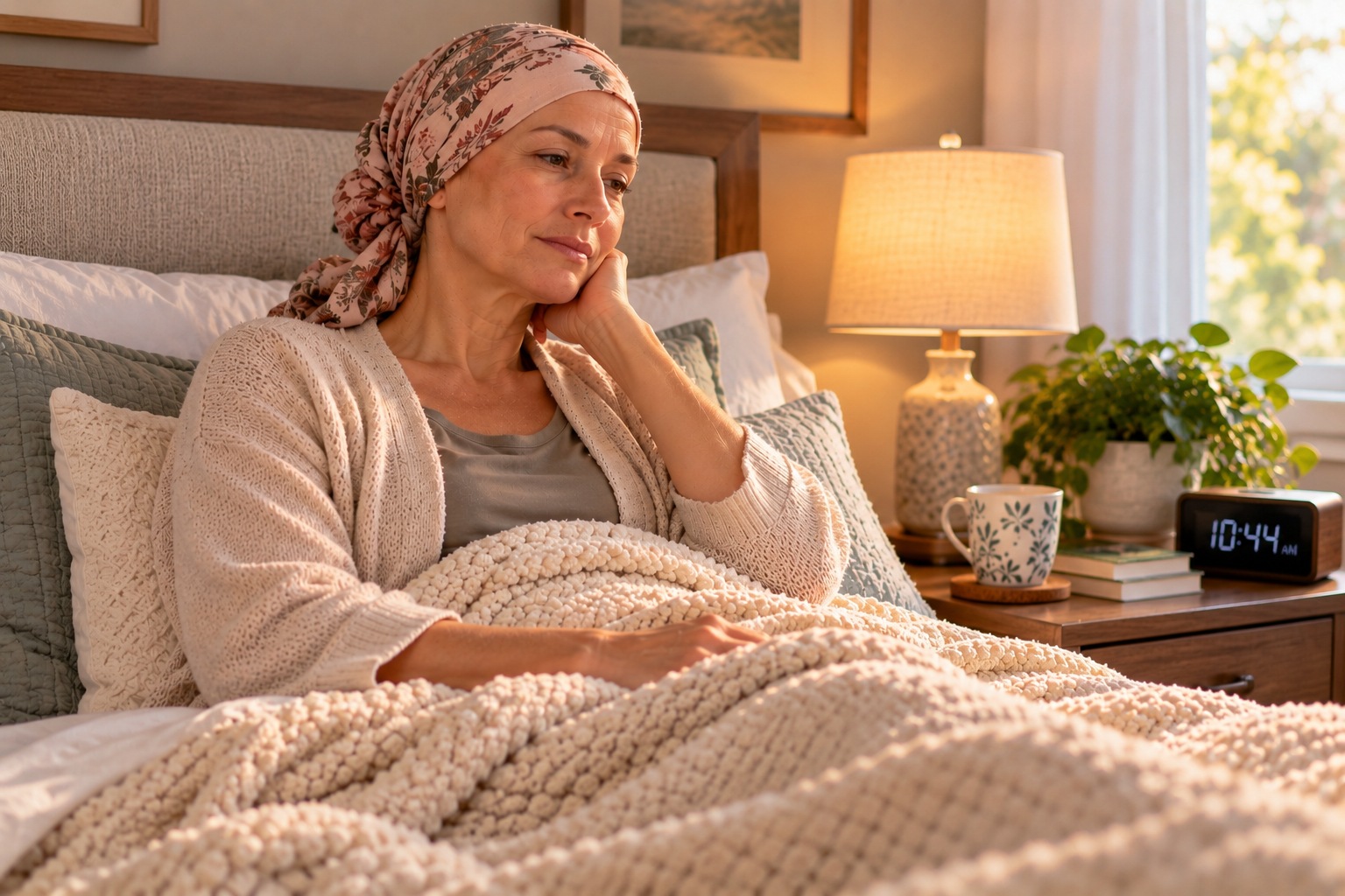 Woman with cancer sitting upright in bed under a warm blanket late in the morning, looking tired despite resting.