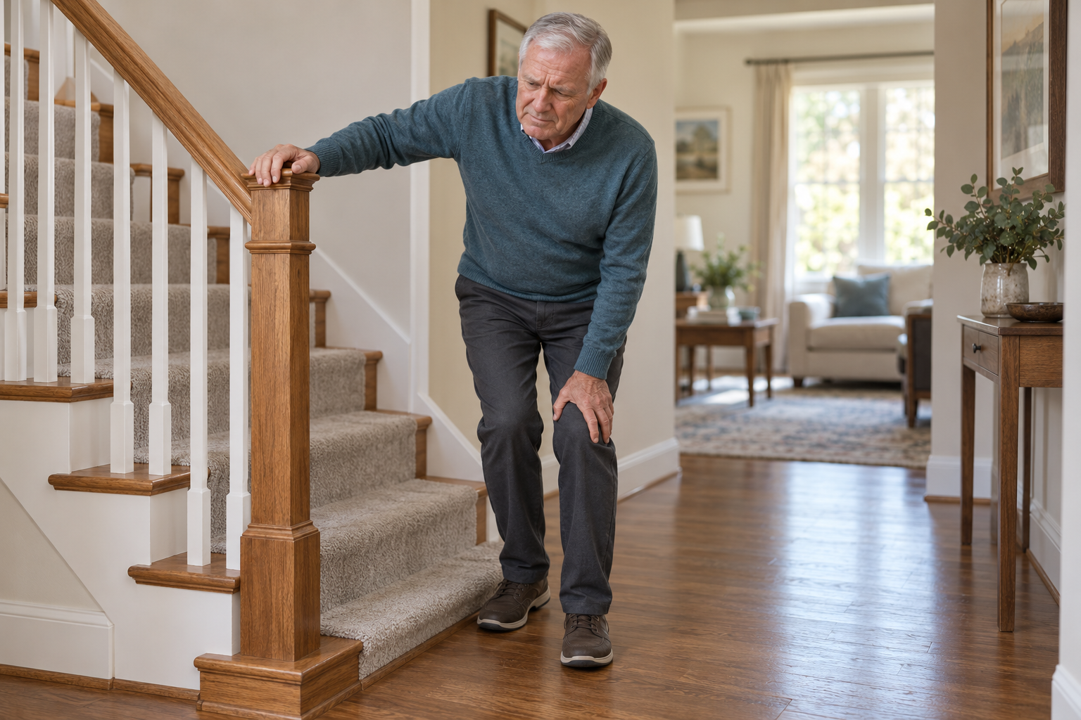 Older man pausing at the bottom of a staircase, one hand on the railing and the other on his knee.