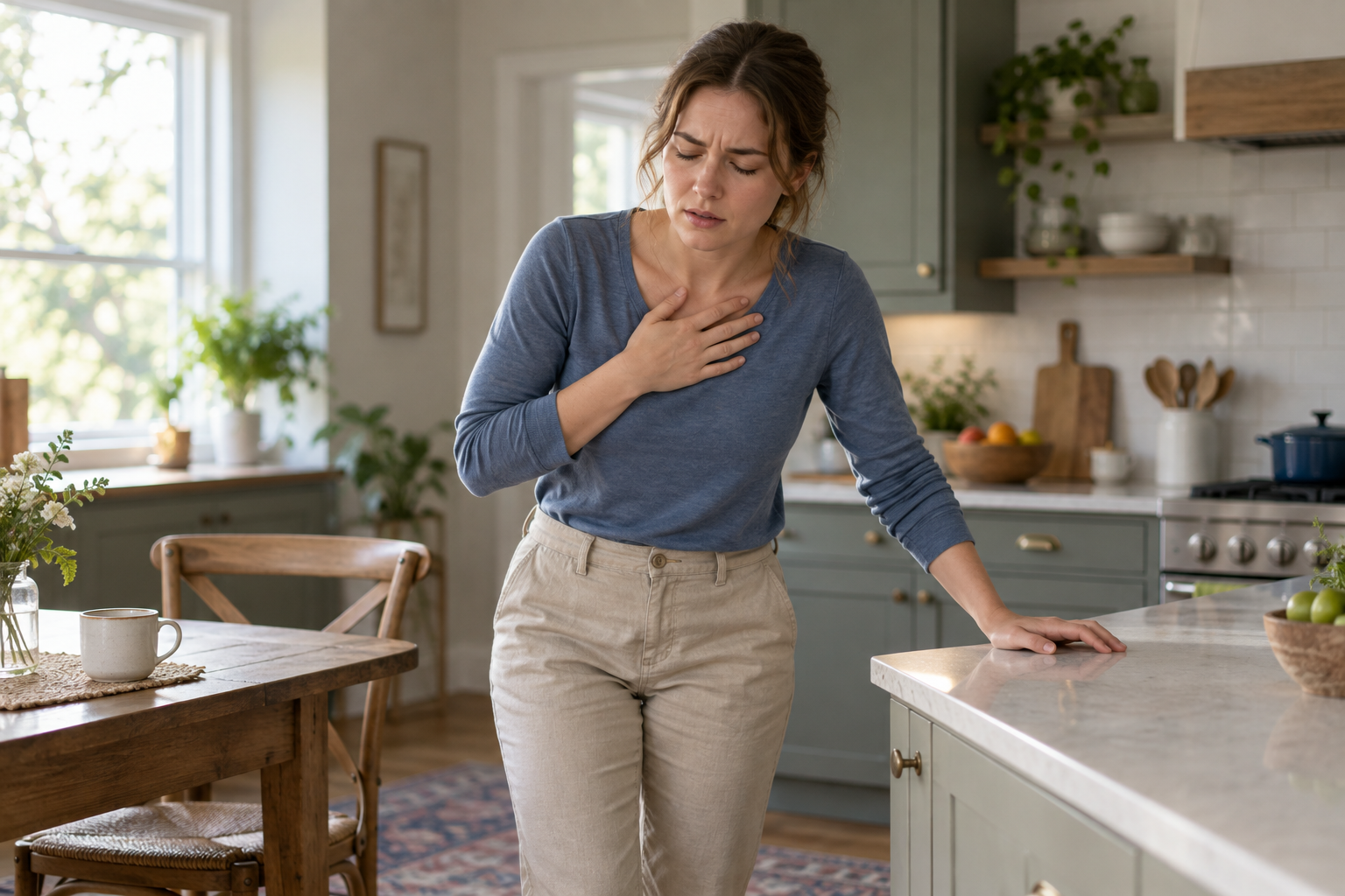 Woman bracing on a kitchen counter with a hand on her chest, eyes closed, lightheaded after standing.