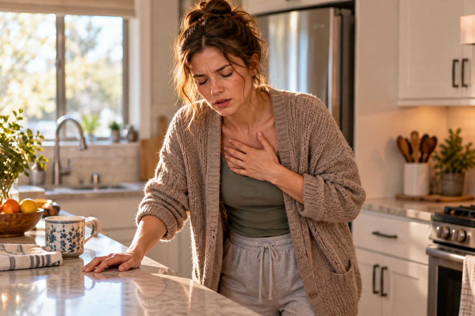 Woman bracing on a kitchen counter with a hand on her chest, eyes closed, lightheaded after standing.