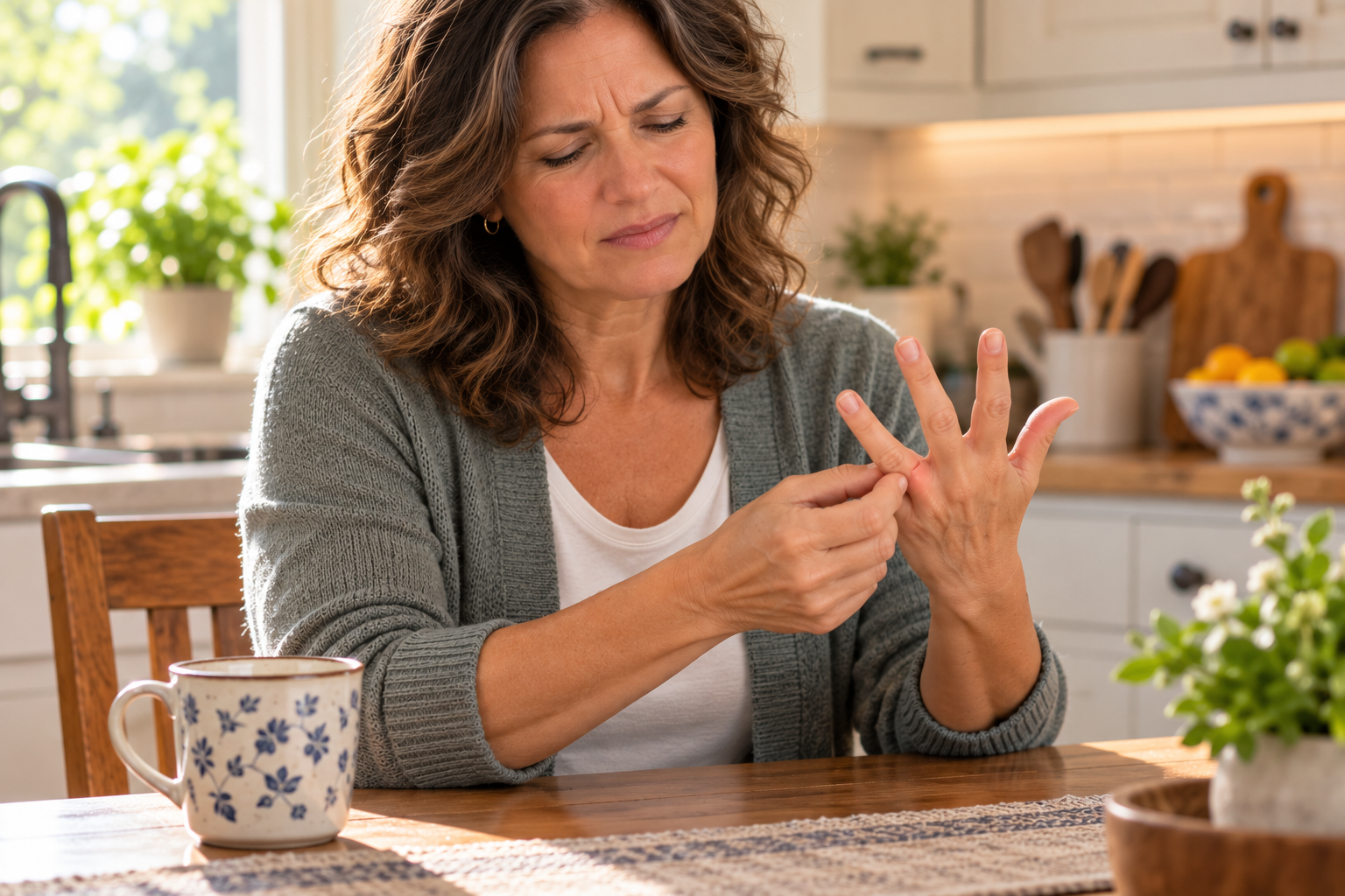 Person at a kitchen table gently straightening the bent ring finger of the other hand, wincing.