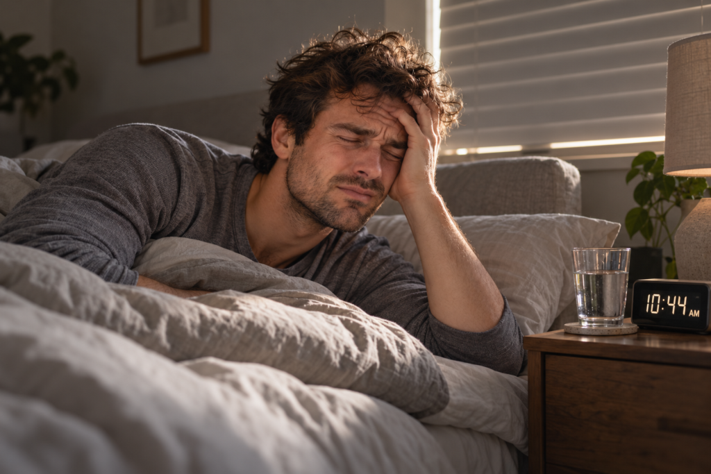 Man in bed holding his forehead with eyes closed, blinds drawn, and a bedside clock reading 10:44 AM.
