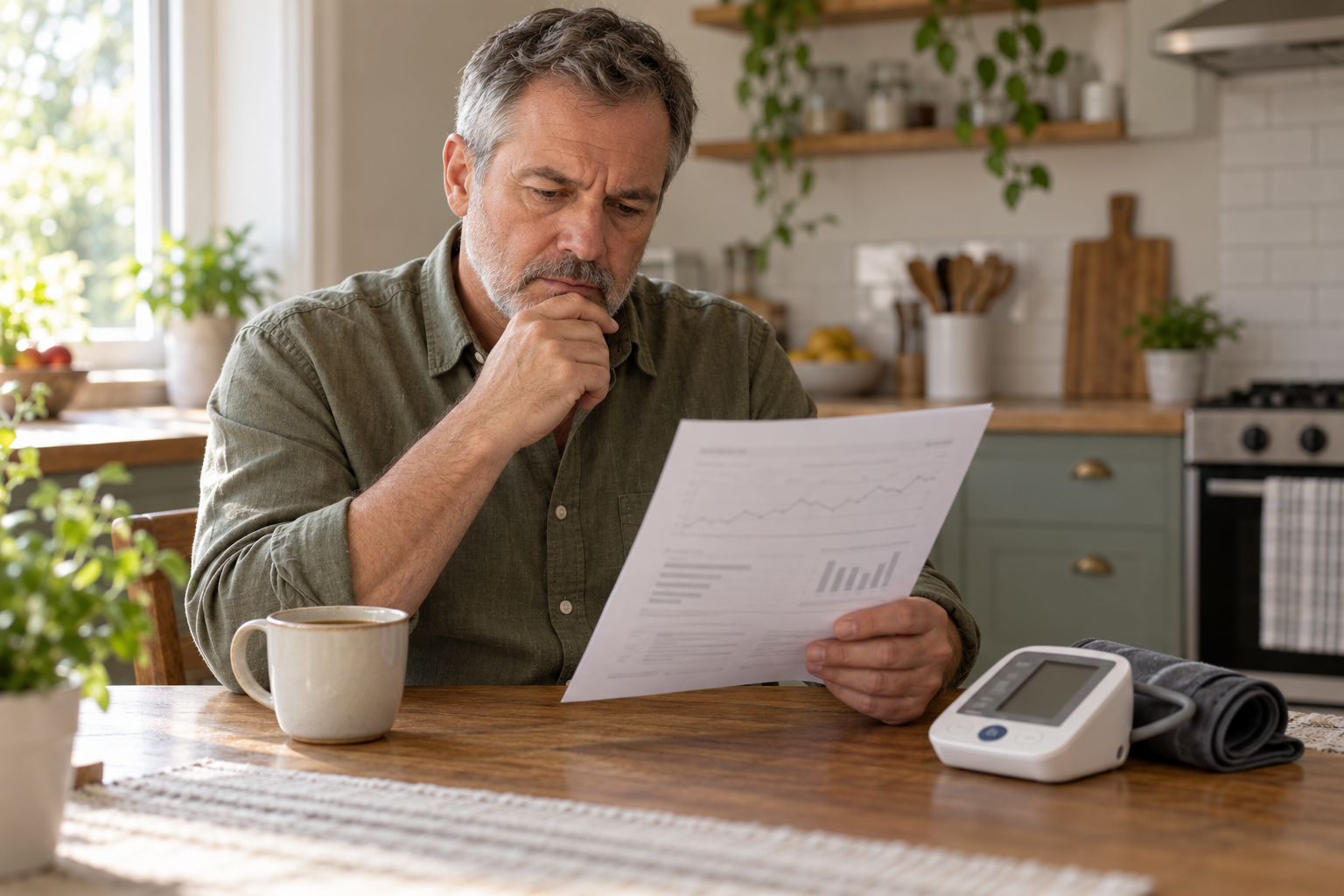Man at a kitchen table reviewing lab results with a concerned expression, a blood pressure cuff nearby.