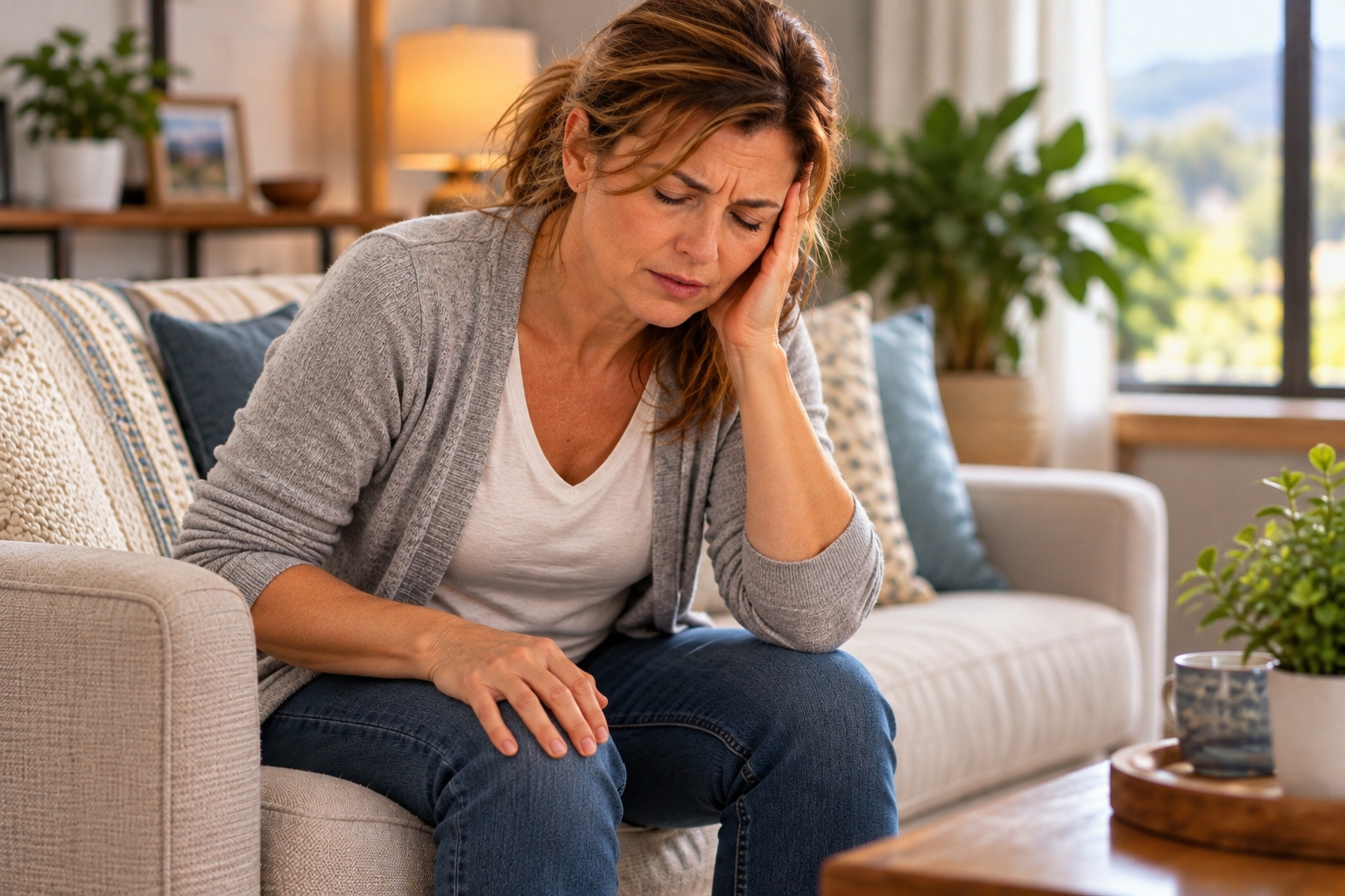 Person on the edge of a couch, one hand over an ear and the other gripping the armrest, eyes closed and dizzy.