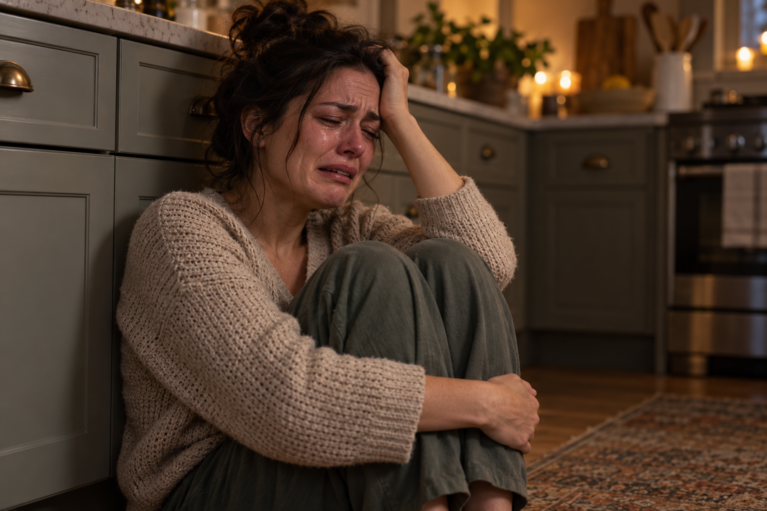 Woman sitting on a kitchen floor against the cabinets, knees drawn up, head in one hand, overwhelmed.