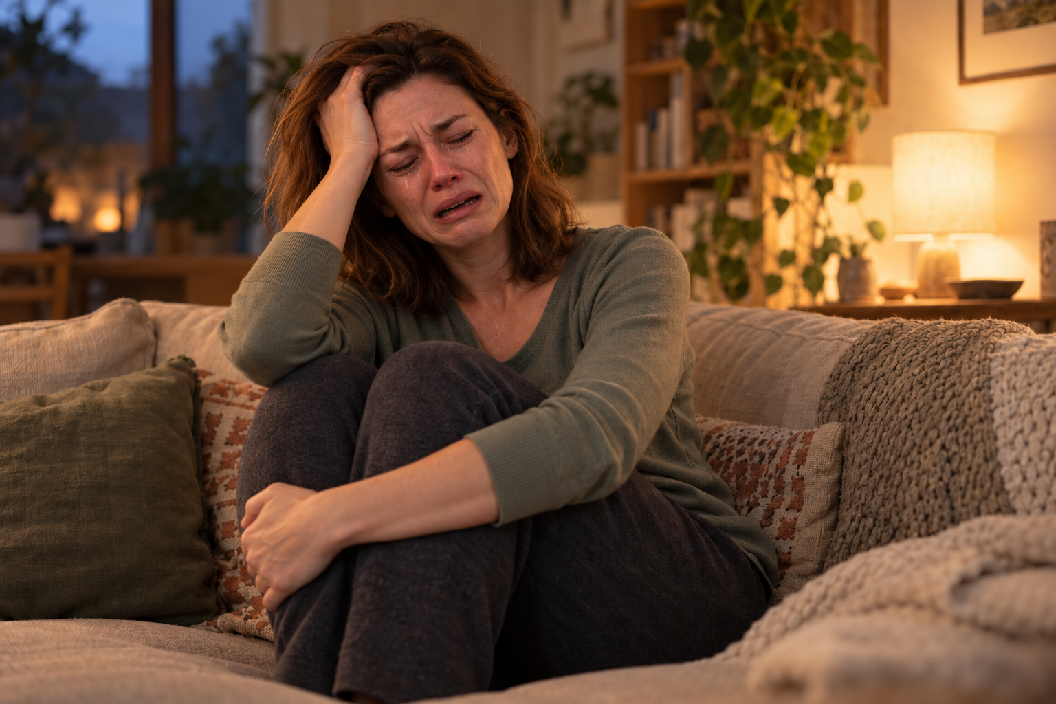 Woman on a couch with knees drawn up, forehead resting on one hand, looking overwhelmed.