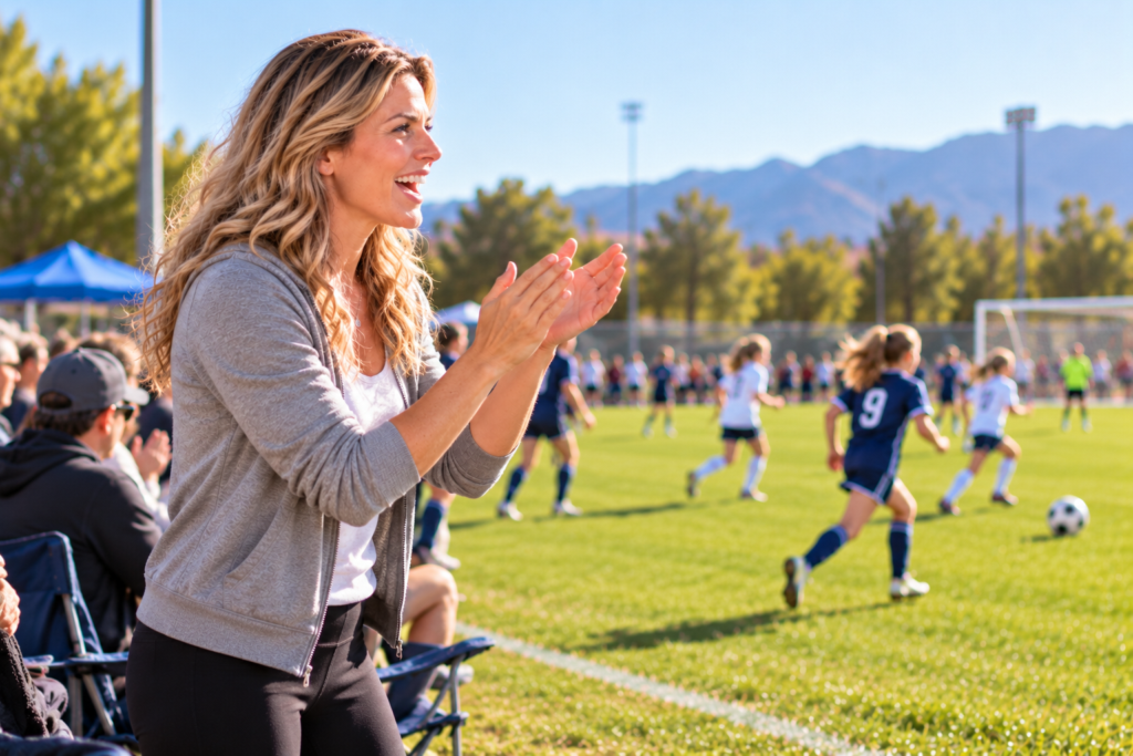 Smiling blonde woman standing on the sidelines of her daughter’s soccer game, clapping and cheering comfortably after her headache has eased.