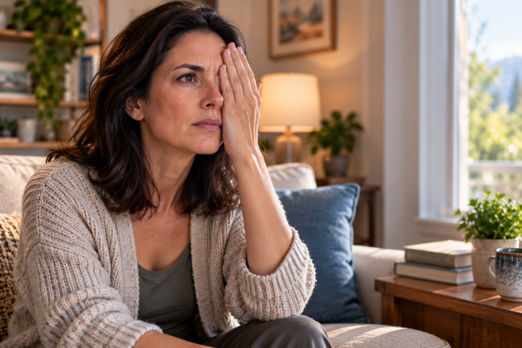 Woman sitting on a couch covering one eye with her hand while looking toward a window, checking whether a visual disturbance affects one eye or both.