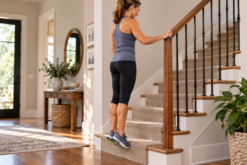 Woman standing on the edge of a stair step with her heels lowered slowly below the step, holding a railing for balance while doing heel drop exercises.