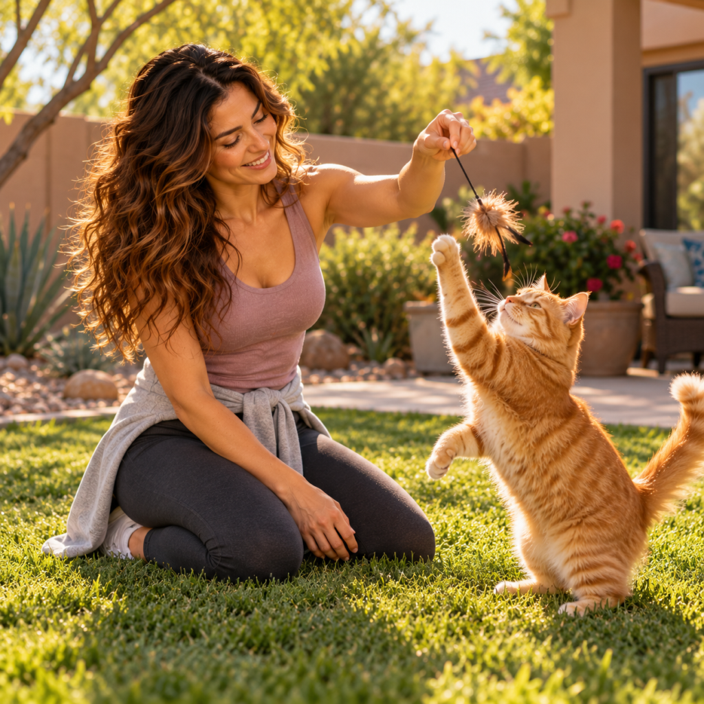 Smiling woman kneeling on a sunny backyard lawn, playing with her orange tabby cat using a feather toy.