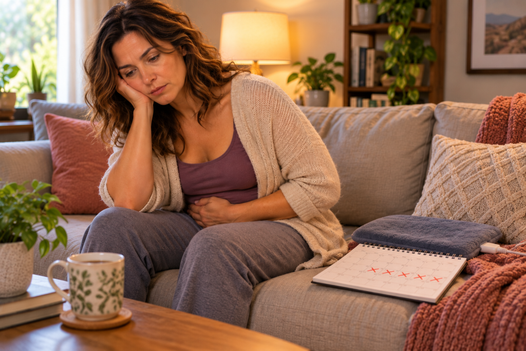 Woman sitting on a couch holding her lower abdomen, looking exhausted and uncomfortable from fibroid symptoms, with a heating pad and menstrual calendar beside her.