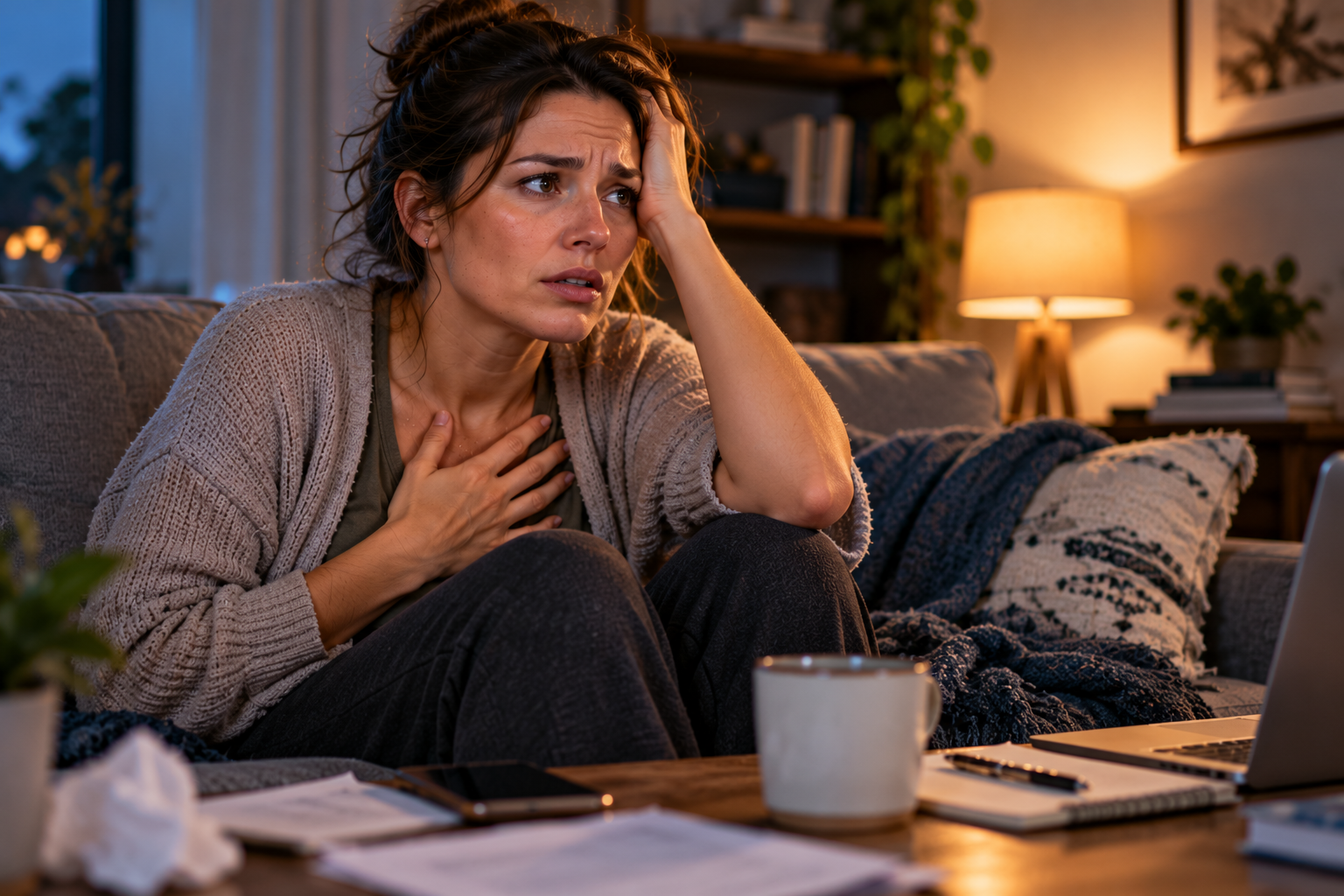 An overwhelmed woman sitting on her couch with one hand on her chest and the other holding her head, experiencing anxiety and symptoms of a heightened fight-or-flight response.