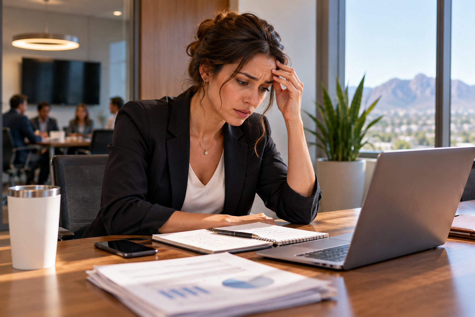 Professional woman sitting at a conference table, looking anxious and overwhelmed while reviewing presentation notes before an important business meeting.