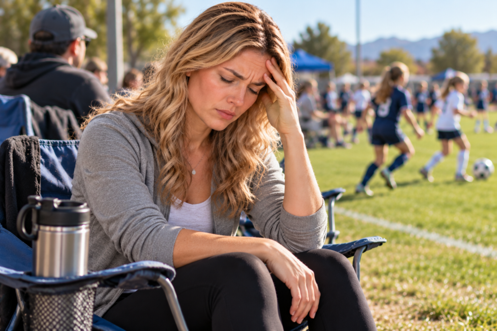 Blonde woman sitting in a folding chair at her daughter’s soccer practice, eyes closed and fingertips pressed to her temples as she struggles with a headache.