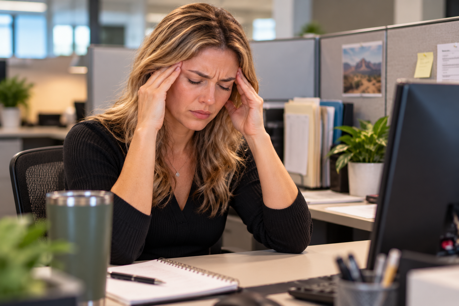Blonde woman sitting at her office cubicle with her eyes closed and fingertips pressed to both temples, experiencing a headache while working at her computer.