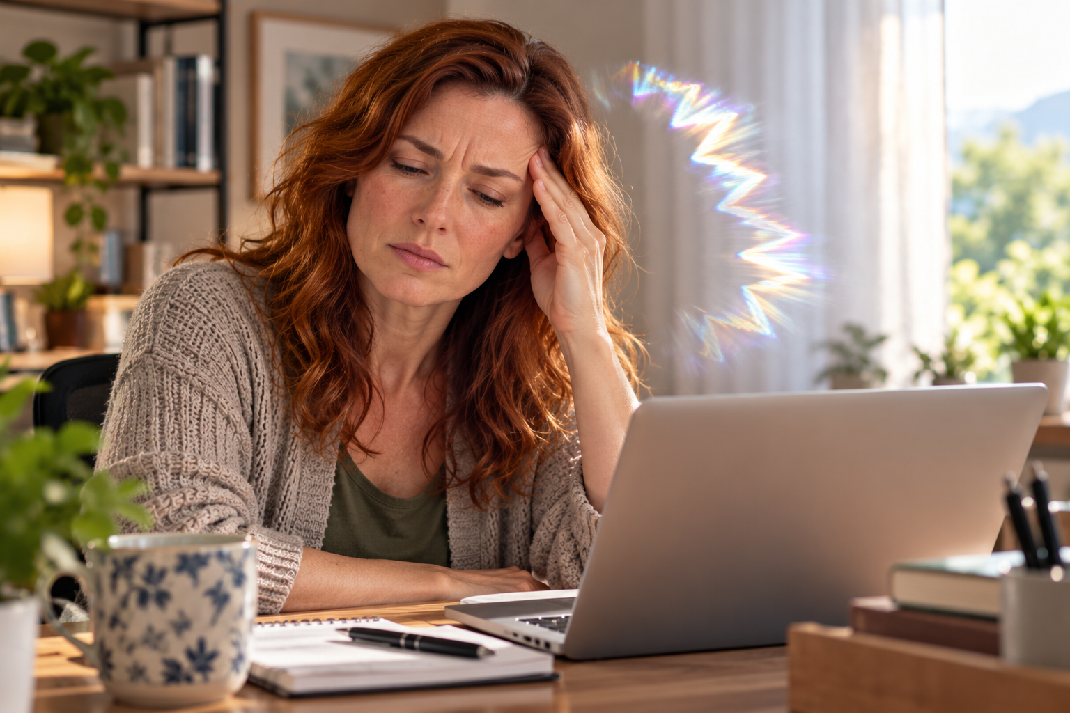 Woman sitting at a desk with one hand resting on her temple and her eyes half closed as a shimmering zigzag arc of light appears beside her, illustrating the visual aura of an ocular migraine.