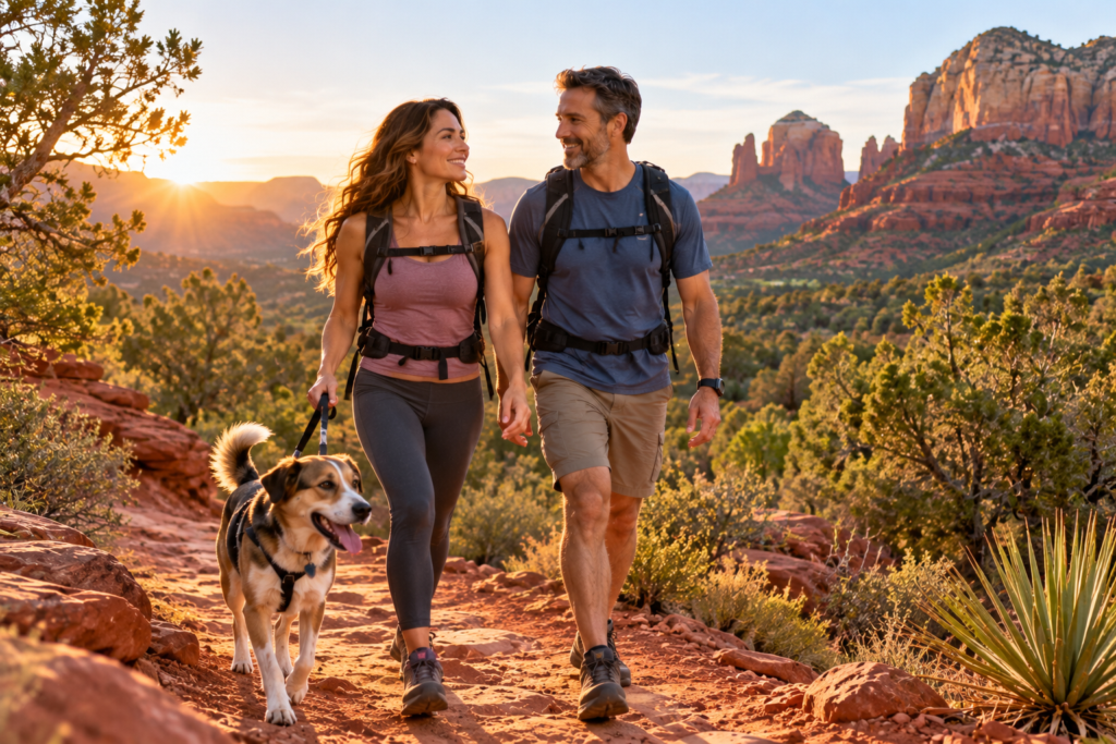 Smiling woman hiking with her husband and mixed-breed dog along a scenic red rock trail in Sedona, Arizona, at sunrise.