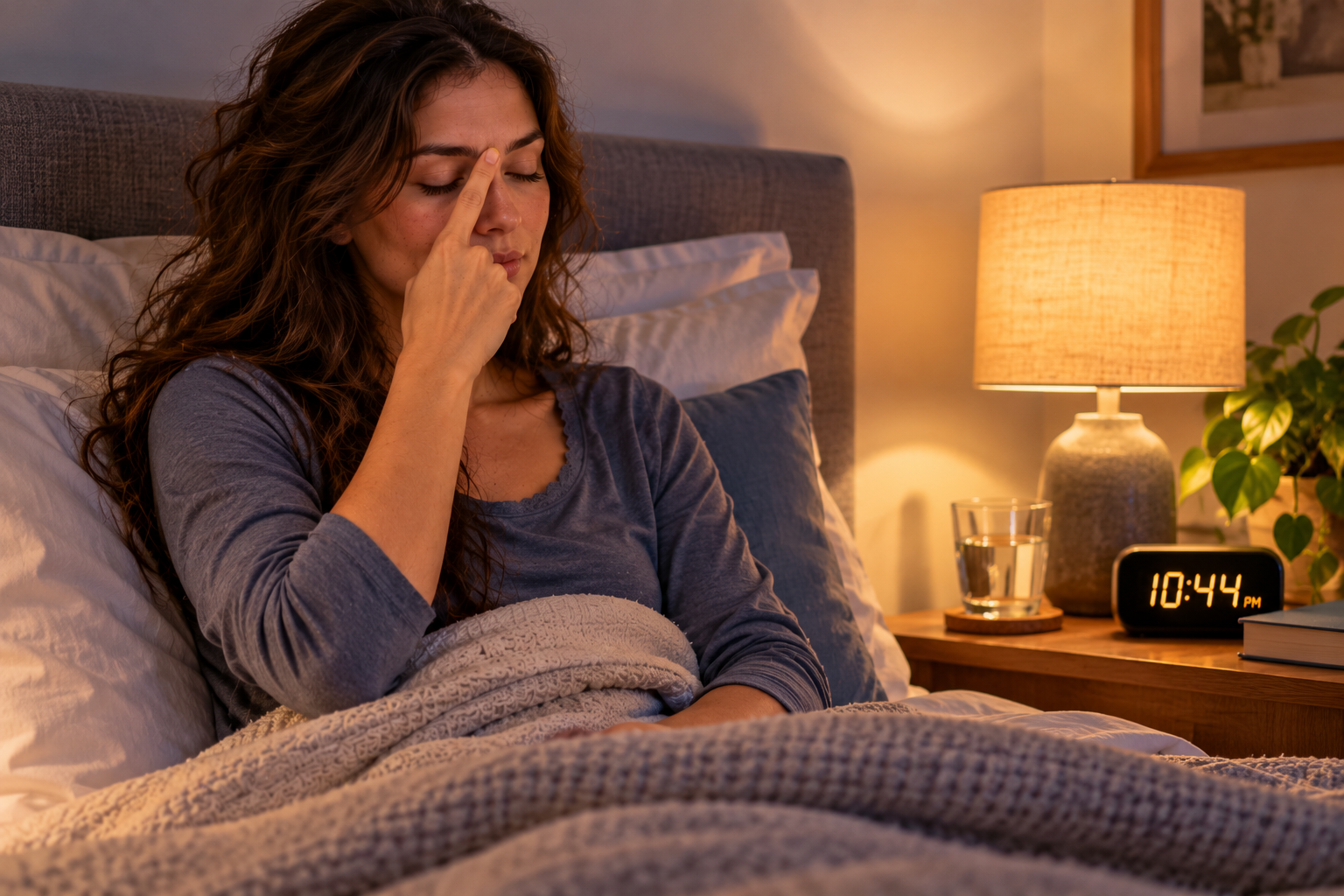 Woman sitting in bed with her eyes closed, gently pressing Yintang between her eyebrows, with a bedside clock reading 10:44 PM.
