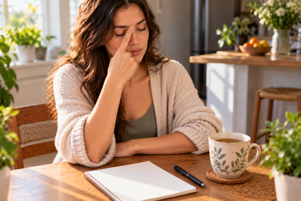 Woman Practicing Yintang Acupressure to Relieve Overwhelm