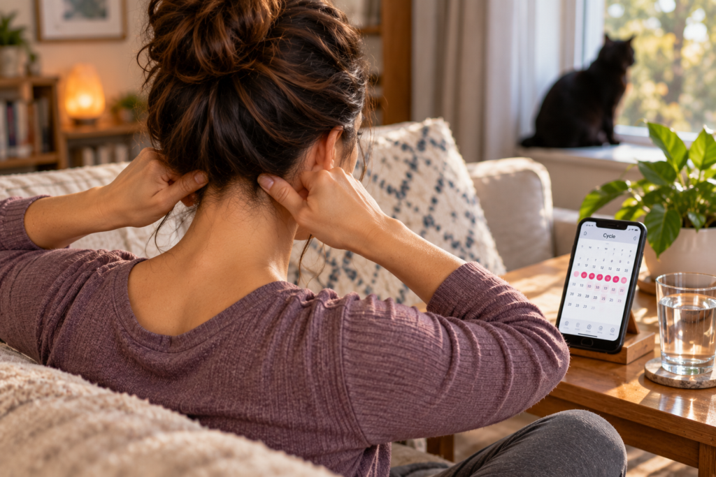 Woman sitting on a couch pressing GB20 at the base of her skull, with a menstrual cycle-tracking app on her phone nearby.
