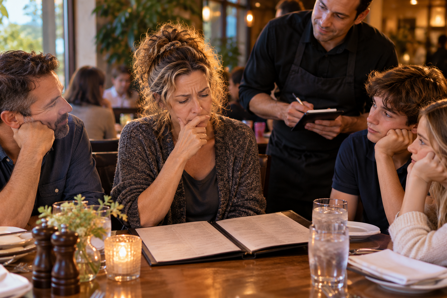 Woman studying a restaurant menu with an indecisive expression while her family and a waiter patiently wait for her to choose what to order.