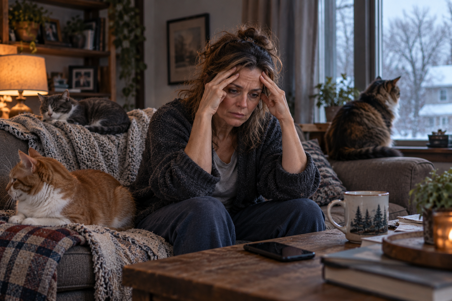 Woman in her early 50s sitting on a couch with her fingertips pressed against her temples, looking emotionally exhausted while three cats rest nearby, paying no attention to her.