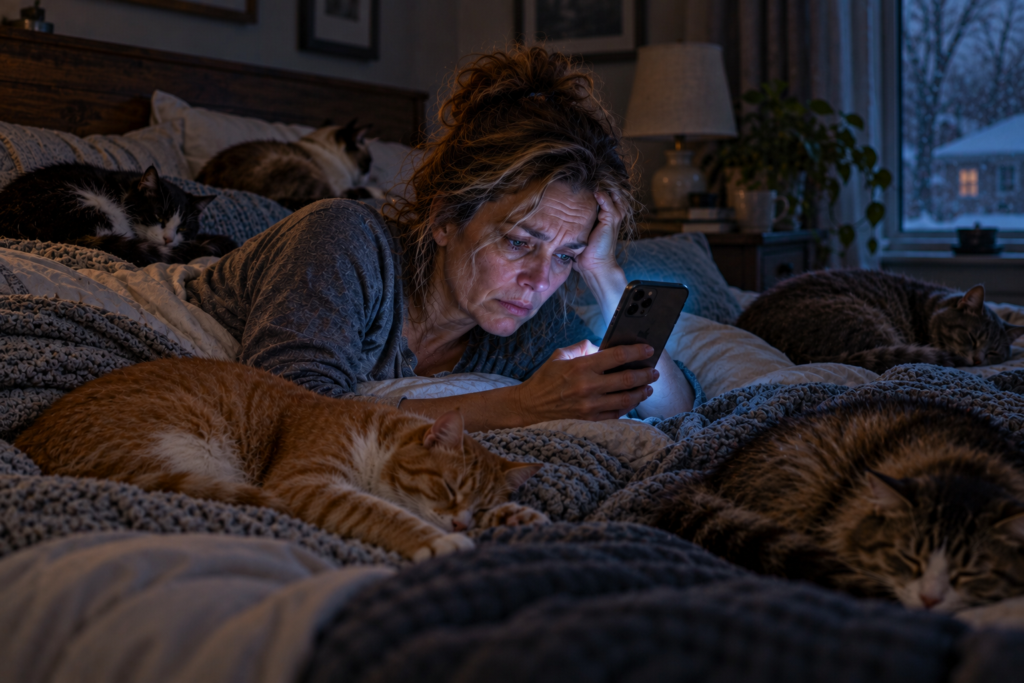 Exhausted woman in her early 50s lying awake in bed, staring anxiously at her phone while five cats sleep around her, paying no attention to her distress.