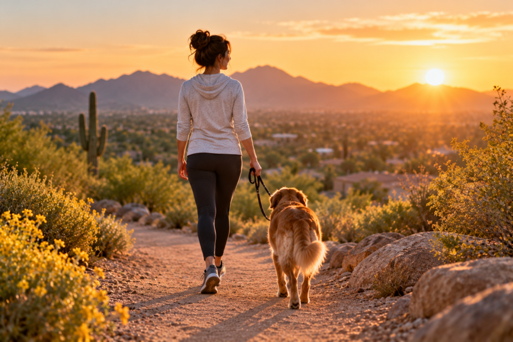 Woman walking her golden-brown dog along a peaceful desert trail at sunset, surrounded by saguaro cacti, wildflowers, and distant mountains.