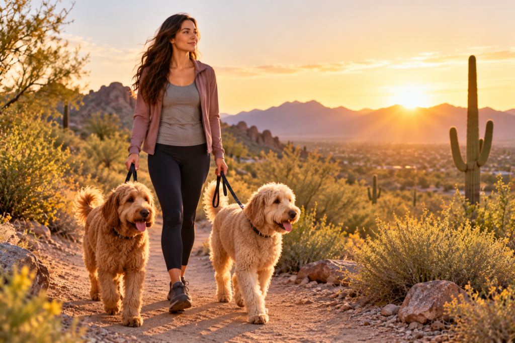 Young woman walking two golden Goldendoodles along a scenic desert trail at sunset, surrounded by saguaro cacti and distant mountains.