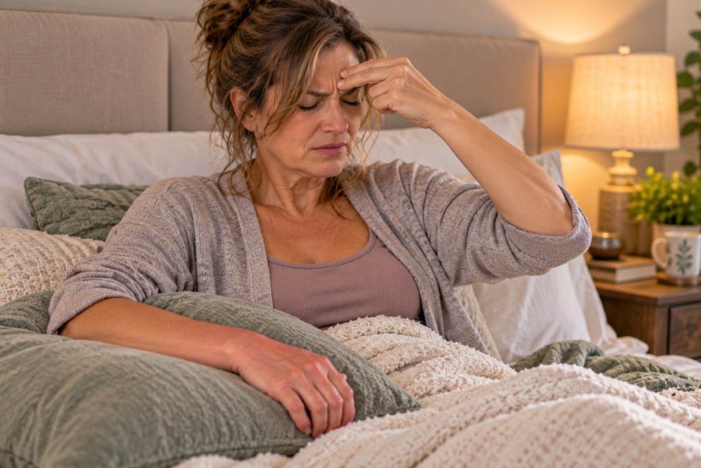 Woman sitting in bed pressing Yintang with her left hand while her painful right arm rests untouched on a pillow.