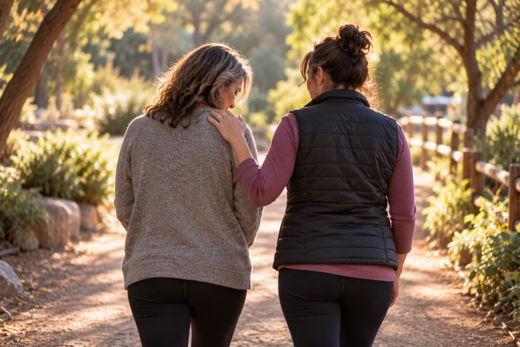Two people walking slowly side by side on a tree-lined path, one with a hand on the other's shoulder.