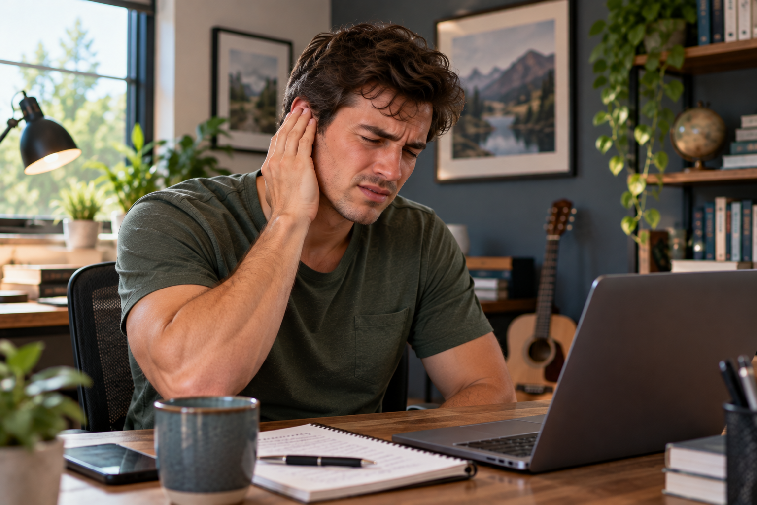 Young man in his mid-twenties sitting at his home office desk, holding his ear with a pained expression while working on his laptop.