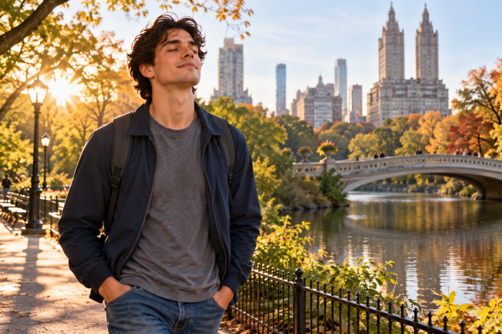 Young man walking peacefully through Central Park in New York City, with Bow Bridge, autumn foliage, and the Manhattan skyline in the background.