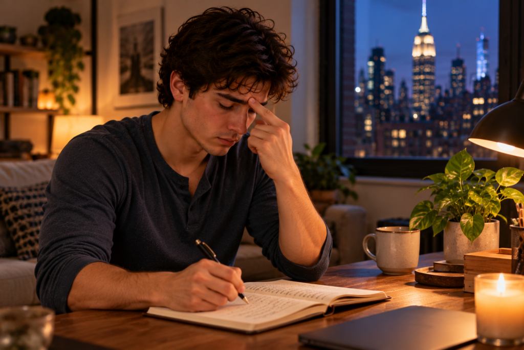 Young man sitting at a desk in his New York City apartment, gently pressing Yintang between his eyebrows while reflecting on his thoughts in an open journal.
