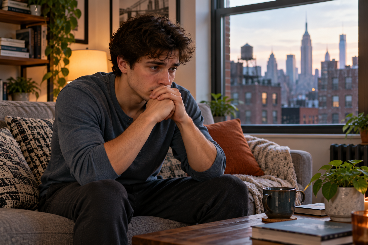 Young man in his early twenties sitting on a loveseat in his New York City apartment, leaning forward with clasped hands and a troubled expression.