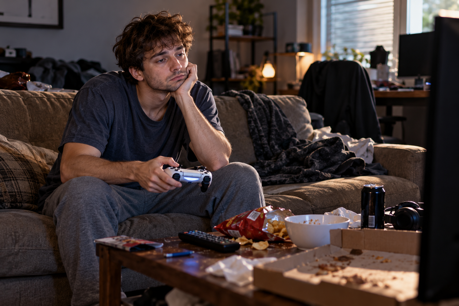 Young man in his late 20s sitting slouched on a couch, looking exhausted and unmotivated while holding a video game controller in a cluttered living room.