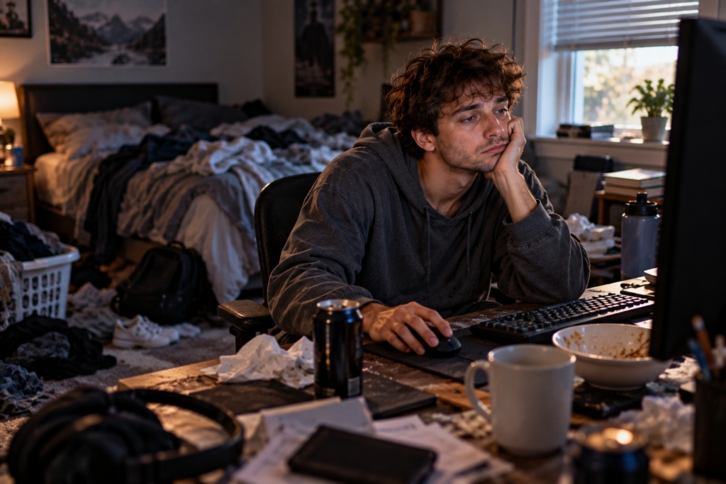 Young man in his late 20s sitting slouched at a computer desk in a messy bedroom, looking exhausted and unmotivated while surrounded by clutter and unfinished responsibilities.