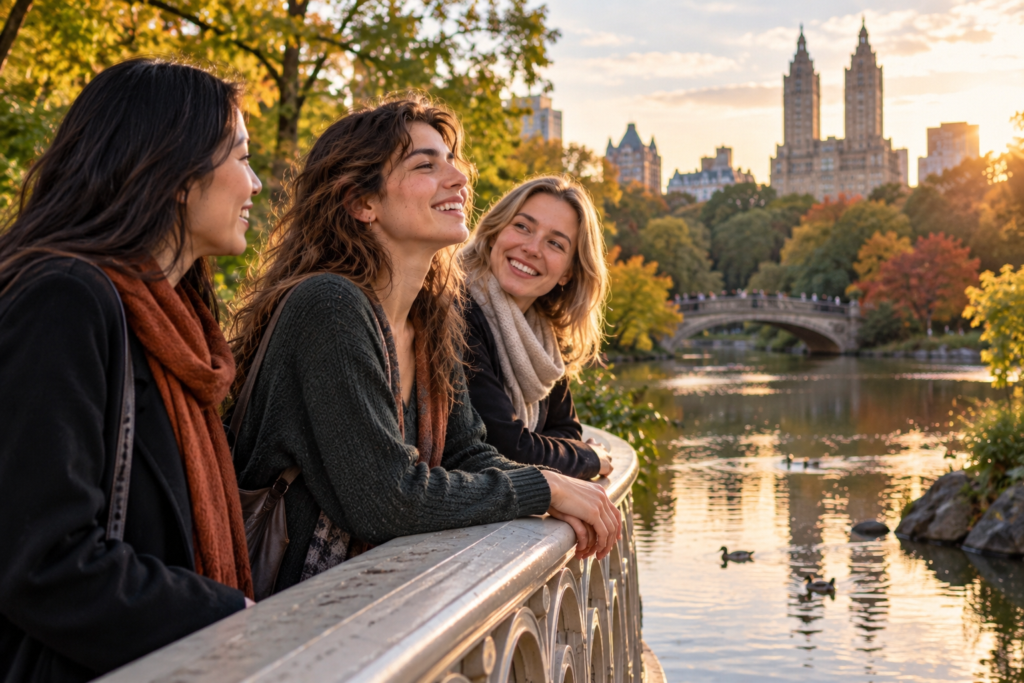 Young woman laughing with two female friends beside a pond in New York City’s Central Park, with a scenic stone bridge, autumn foliage, and Manhattan buildings in the background.
