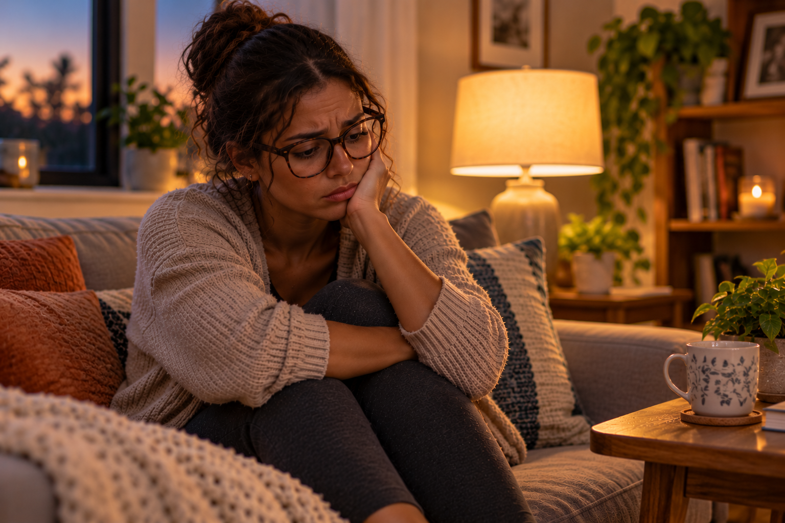 Young woman with medium-dark skin, dark brown hair in a messy bun, and thick-framed glasses sitting curled up on a couch, looking sad and disappointed.