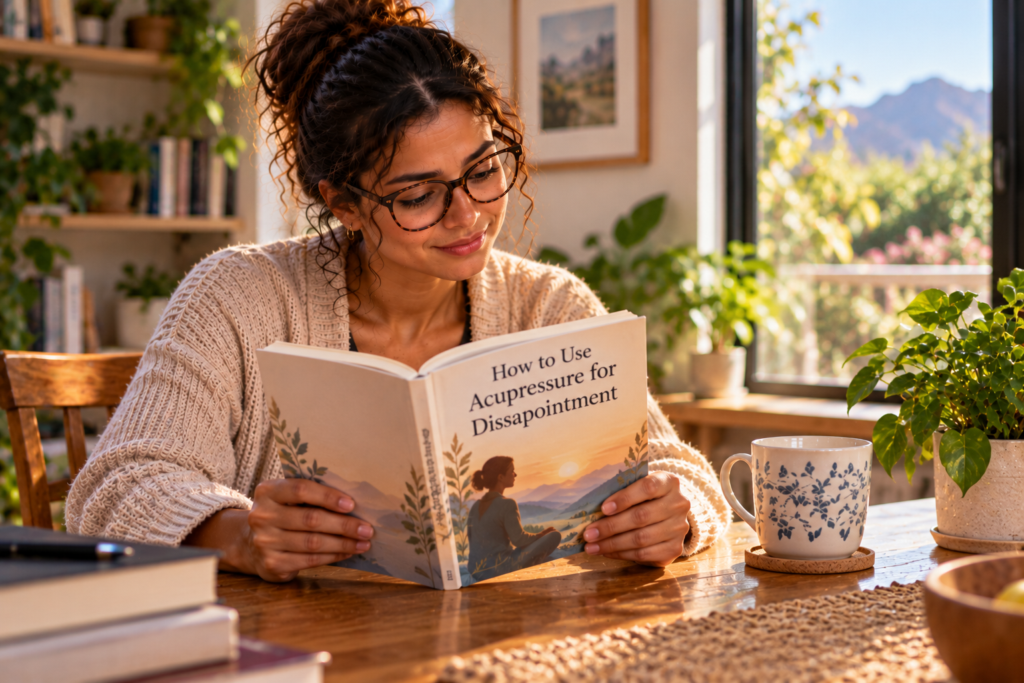 Young woman with medium-dark skin, dark hair in a loose bun, and thick-framed glasses smiling while reading a book titled “How to Use Acupressure for Disappointment” at her kitchen table.