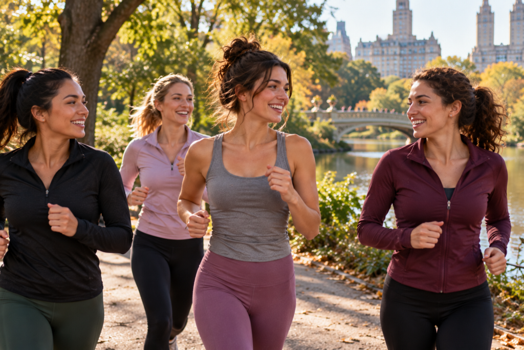 Young brunette woman jogging with three female friends along a scenic path in Central Park, smiling and laughing beside a peaceful lake with a stone bridge and Manhattan buildings in the background.