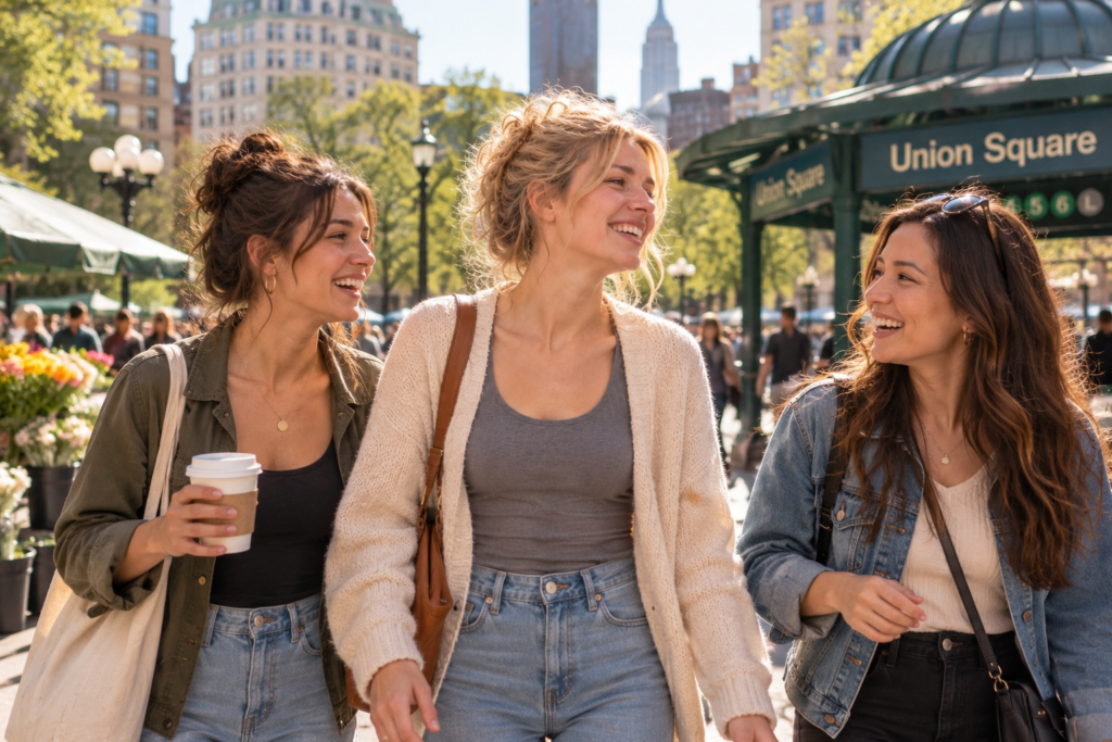 Young blonde woman walking through Union Square in New York City with two female friends, smiling and laughing together on a sunny afternoon.