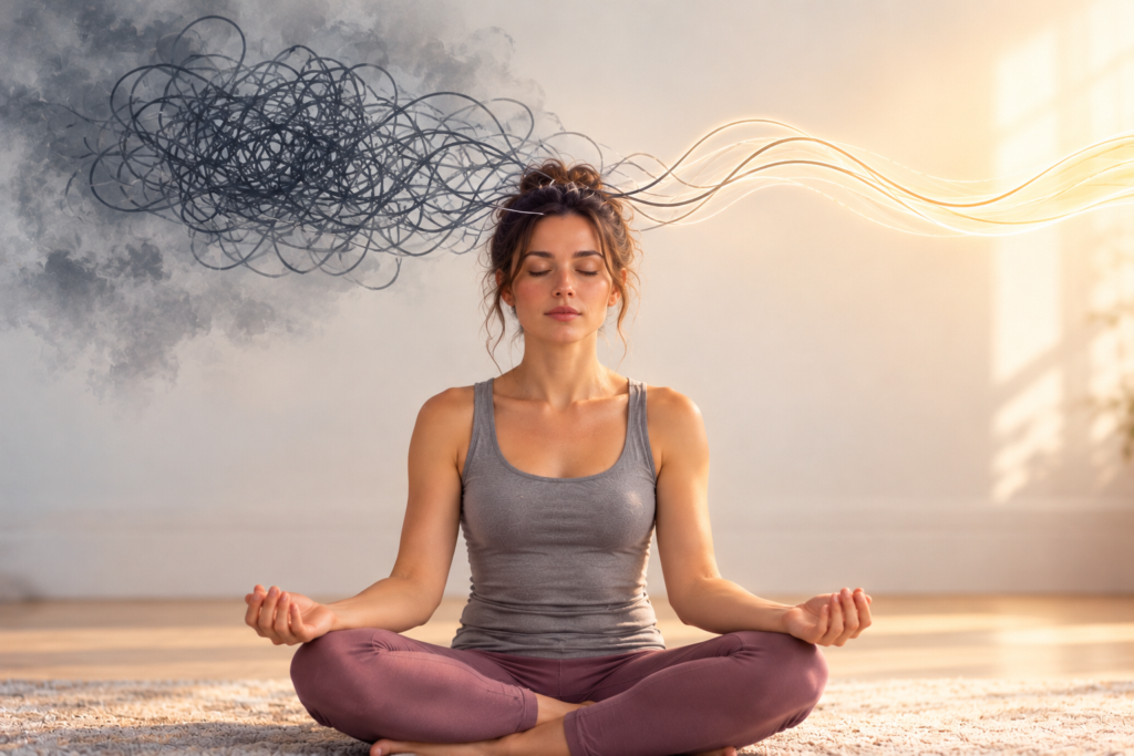 Young brunette woman sitting cross-legged in meditation as tangled dark lines above her head gradually unwind into smooth, glowing golden strands.