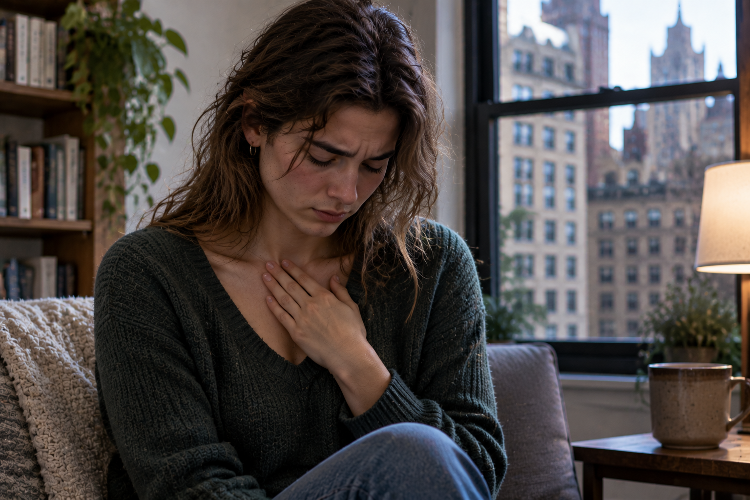 Young woman in her early twenties sitting on a couch in her Upper East Side apartment, looking down with a troubled expression and one hand resting against her chest.